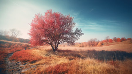 Beautiful autumn landscape with lonely tree on the hill. Vintage style.の素材