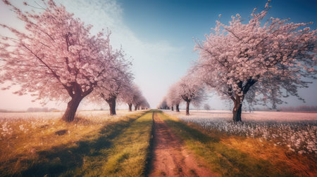 Beautiful spring landscape with road and cherry blossom trees in the countrysideの素材