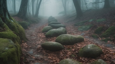 Foggy trail in the autumn forest with stones and moss.の素材