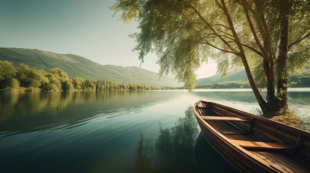 Boat on the lake in the mountains. Beautiful summer landscape.の素材