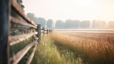 Wooden fence in the meadow in the morning. Rural sceneの素材