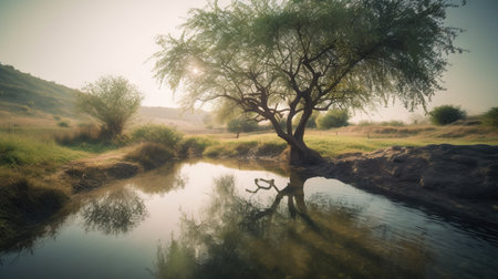 Landscape with a tree and a small river in the early morningの素材