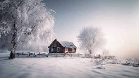 Foggy winter landscape with wooden house and trees covered with hoarfrostの素材