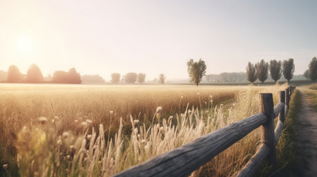 Rural landscape with wooden fence in the meadow at sunrise.の素材