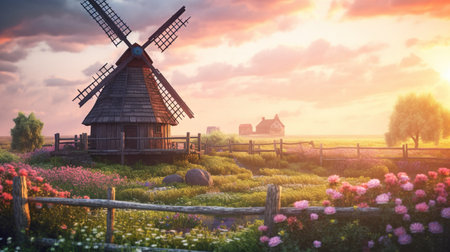 Old windmill in the meadow at sunset. 3d renderingの素材