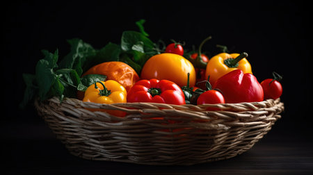 Colorful bell peppers in a basket on a dark wooden background.の素材