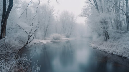 Beautiful winter landscape with foggy river and trees in the forestの素材