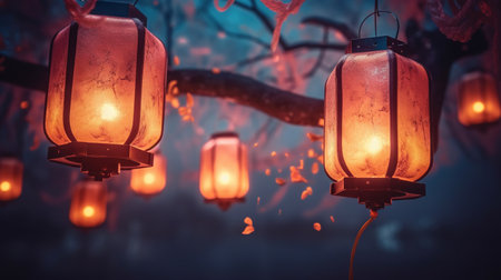 Hanging lanterns in the forest at night. Vintage style.の素材