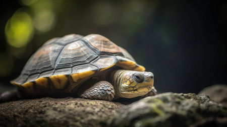 turtle on the stone in the forest, closeup of photoの素材