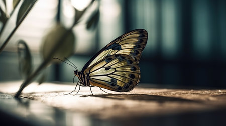 Butterfly on a table in the morning light. Selective focus.の素材