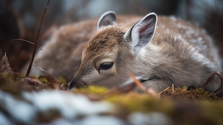 Fallow deer lying on the ground in the forest in winter.の素材