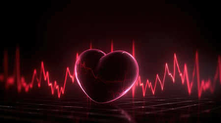 3d rendering of red heart and sound wave on dark background.の素材