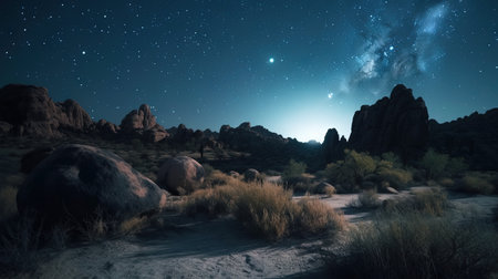 Starry sky over the desert landscape. 3D Rendering.の素材