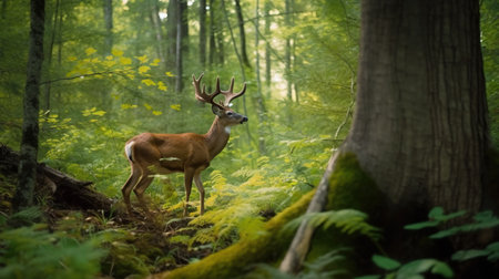 Whitetail Deer Buck standing in a forest with fernsの素材