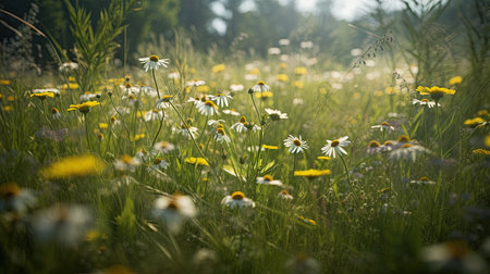 Beautiful daisies in the meadow. Summer landscape.の素材