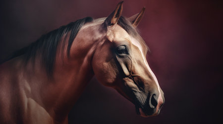 Portrait of a bay horse on a dark background. Close-upの素材