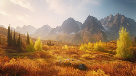 Mountain autumn landscape with forest and meadow. 3d renderの素材