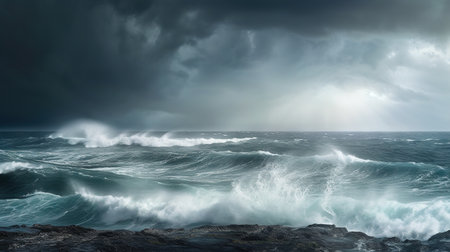 Stormy sea with stormy sky. Panoramic image.の素材