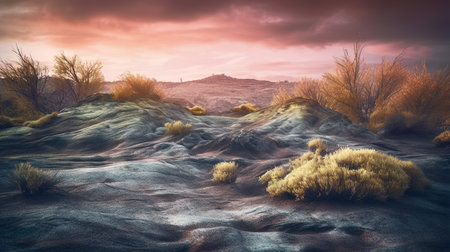 3D illustration of a desert landscape in the evening at sunset.の素材