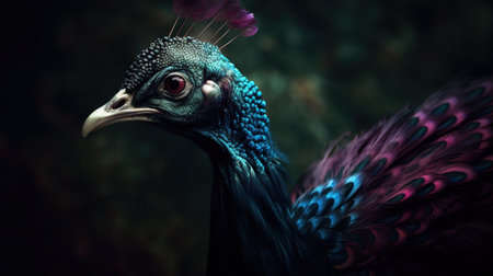 Portrait of a peacock on a dark background. Close-up.の素材