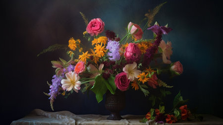 Bouquet of colorful flowers in a vase on a dark backgroundの素材