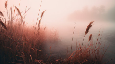 Morning fog over the lake with reeds in the foreground. Toned.の素材