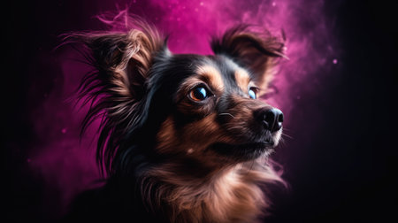 Portrait of a cute dog on a black background with smoke.の素材
