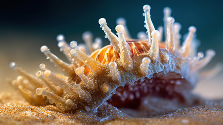 3d rendering of a seashell in the sand with water dropsの素材