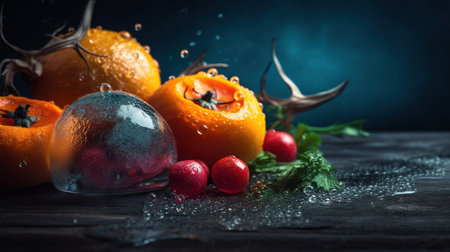 Fruit with water drops on wooden background. Orange, cherry, currant, mintの素材