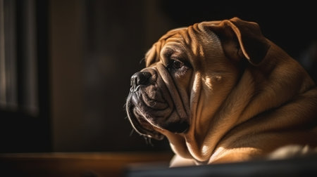 bullmastiff dog looking at the camera on a dark background.の素材