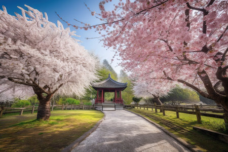 Cherry blossoms and pagoda in the garden at springtimeの素材