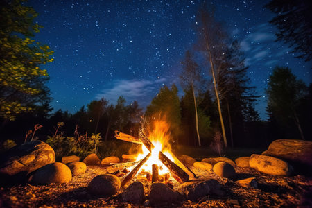 Camping in the forest at night. Beautiful night landscape with bonfire and stars.の素材
