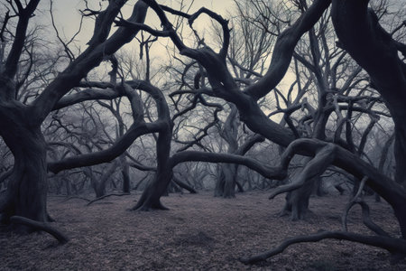 Old trees in a foggy forest. Halloween concept. Toned.の素材