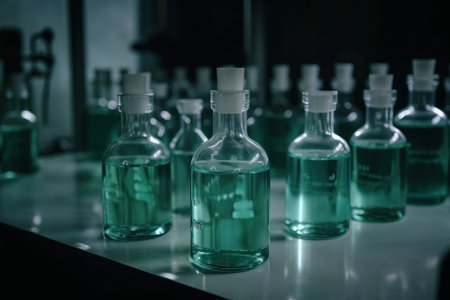 Laboratory glassware containing chemical liquid, science research and development concept.の素材