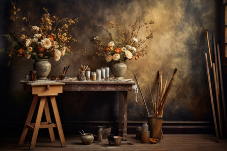 Still life with paintbrushes, vase of dried flowers and wooden table.の素材