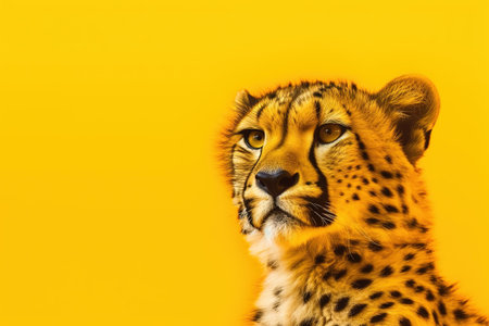 Portrait of cheetah isolated on yellow background with copy spaceの素材