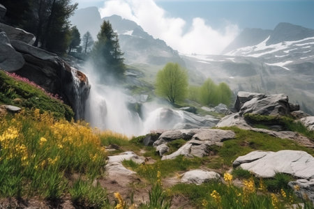 Mountain landscape with a waterfall in the foreground and flowers in the foregroundの素材