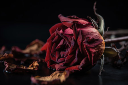 Close up of dried rose on black background with dry petals.の素材