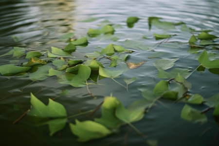 Green leaves on the surface of the water, close-up.の素材