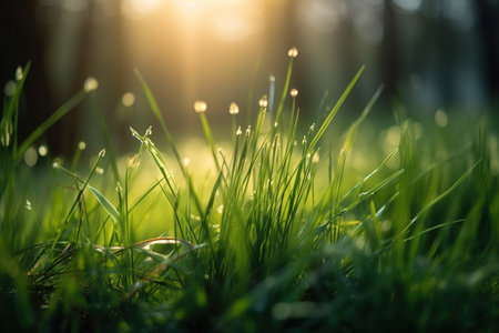 Fresh green grass with dew drops in the morning sunlight. Natural backgroundの素材