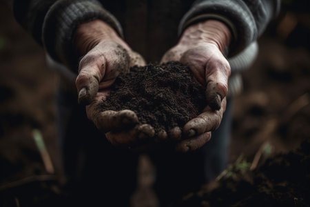 Hands of farmer holding soil in the forest. Earth day concept.の素材