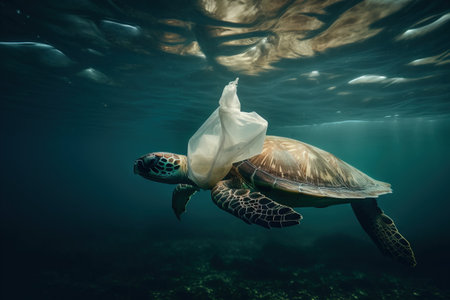 Green sea turtle in plastic bag floating in blue ocean water, underwater photoの素材