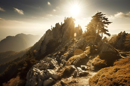 Mountain landscape with coniferous forest on the top of the rockの素材