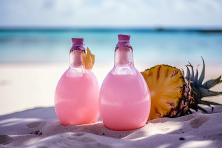 Bottles of pink cocktail with pineapple on the beach. Tropical vacation conceptの素材