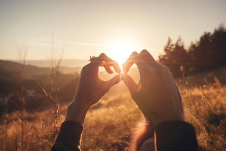 Female hands making a heart shape with fingers on the field at sunsetの素材