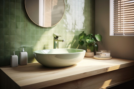 Interior of modern bathroom with green tile walls, wooden floor, comfortable bathtub and round mirror. 3d renderingの素材