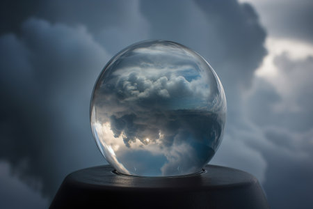 Crystal ball with clouds in the sky. 3d render image.の素材