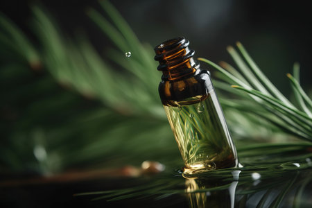 A bottle of essential oil with pine branch on a black background.の素材