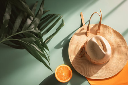 Straw hat, orange and palm leaf on color background with shadowsの素材