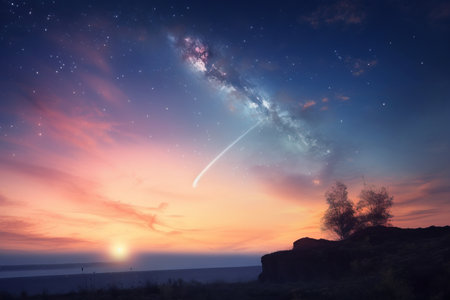 Milky way over the sea at sunset. 3d rendering.の素材